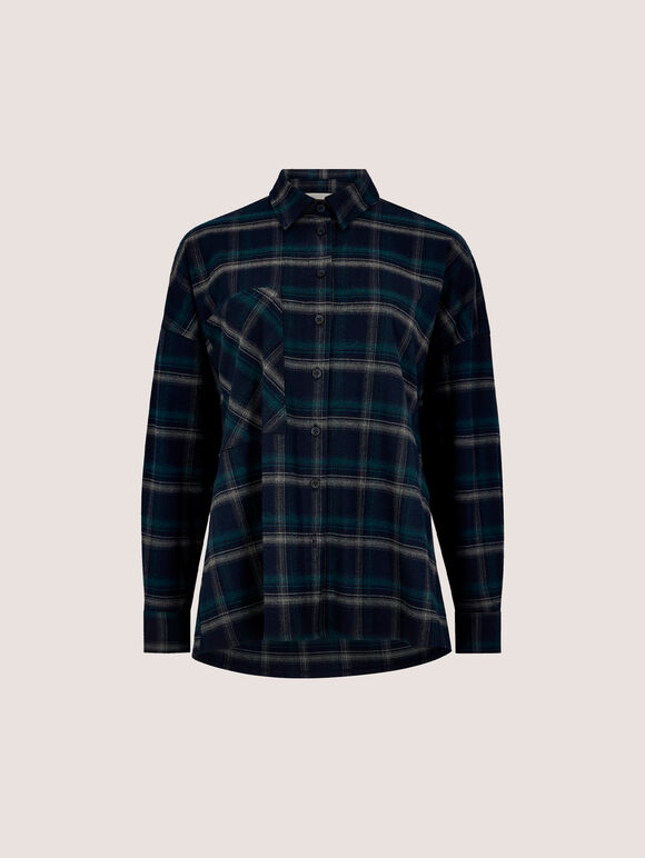 Oversized Check Print Shirt, Navy, large