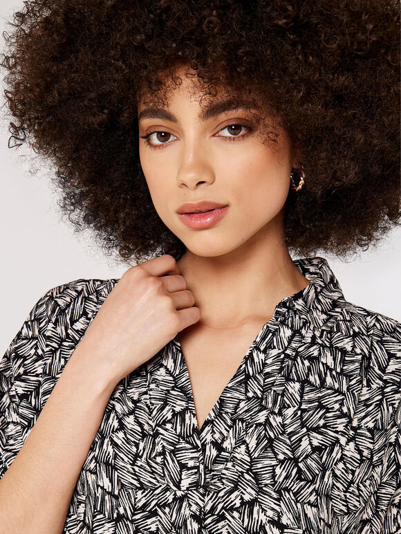Textured Print Pleated Top, Black, large