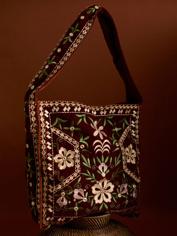 Floral Embroidered Shoulder Bag, Brown, large