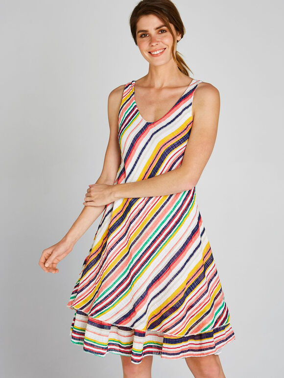 Cream Striped Double Layer Dress, Cream, large