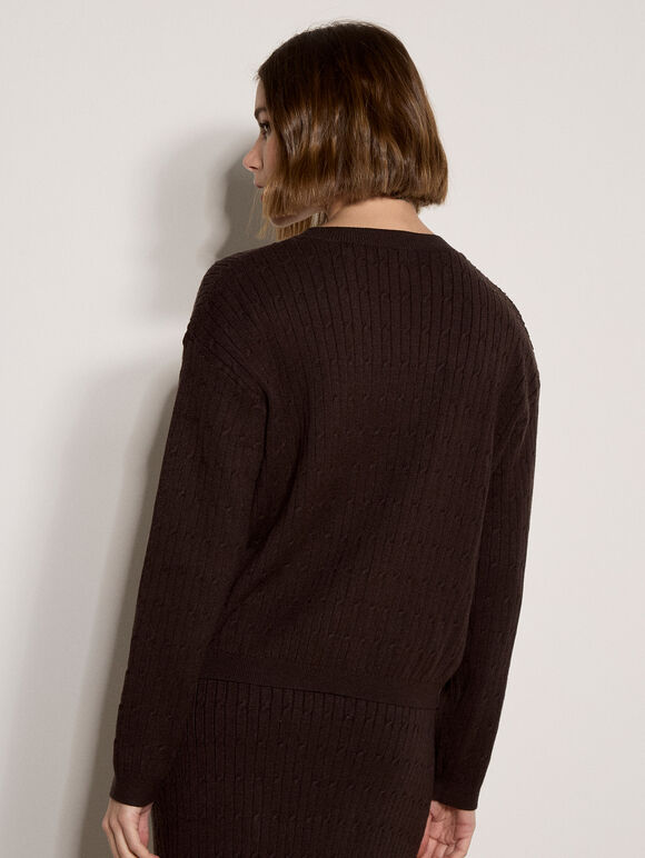 Fine Knit Cable Jumper, Brown, large