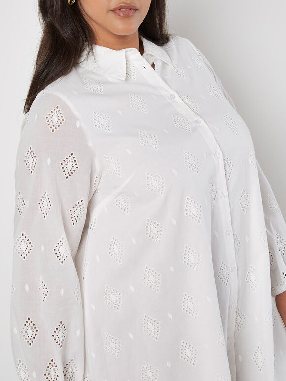 Curve Cotton Broderie Shirt Mini Dress, Cream, large