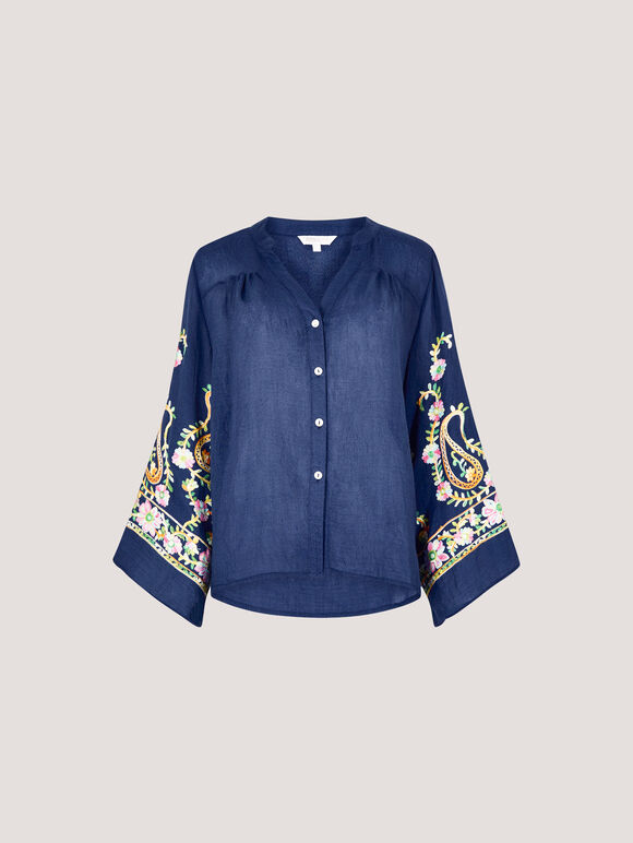 Paisley Embroidered Bell Sleeve Blouse, Navy, large