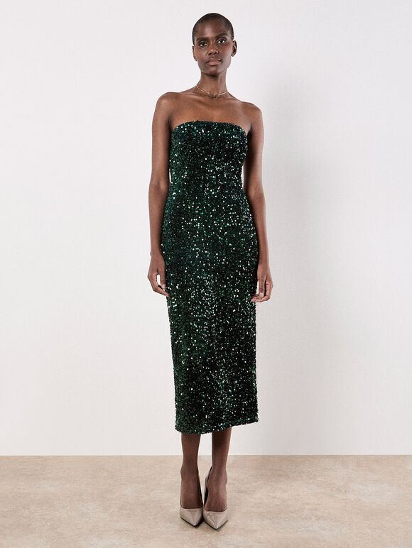 Sequin Bandeau Velvet Bodycon Midi Dress, Green, large