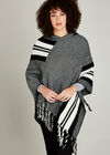 Black Monochrome Striped Hooded Poncho, Black, large