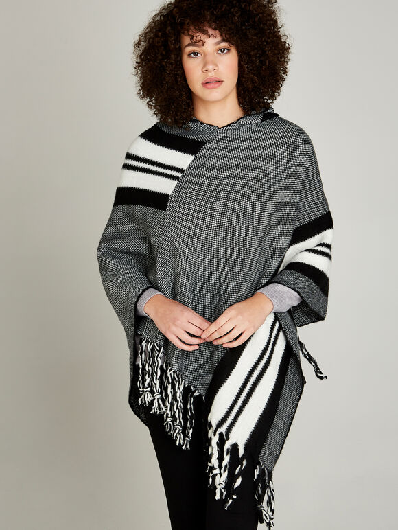 Black Monochrome Striped Hooded Poncho, Black, large