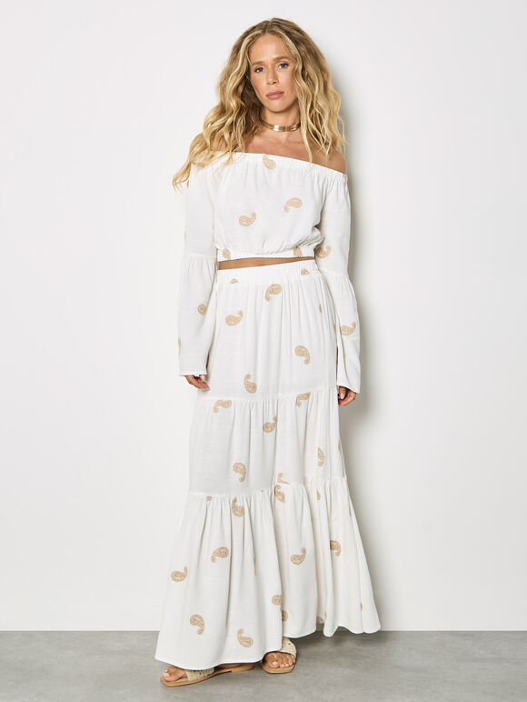 Paisley Embroidered Bardot Crop Top, Cream, large