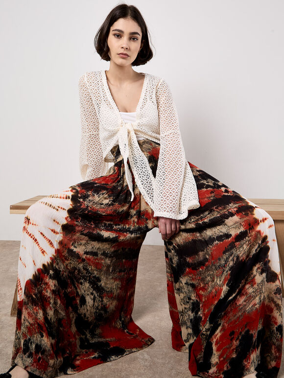 Tie-Dye Textured Palazzo Trousers, Khaki, large