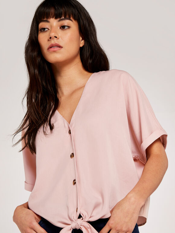 Button Tie Front Top, Pink, large