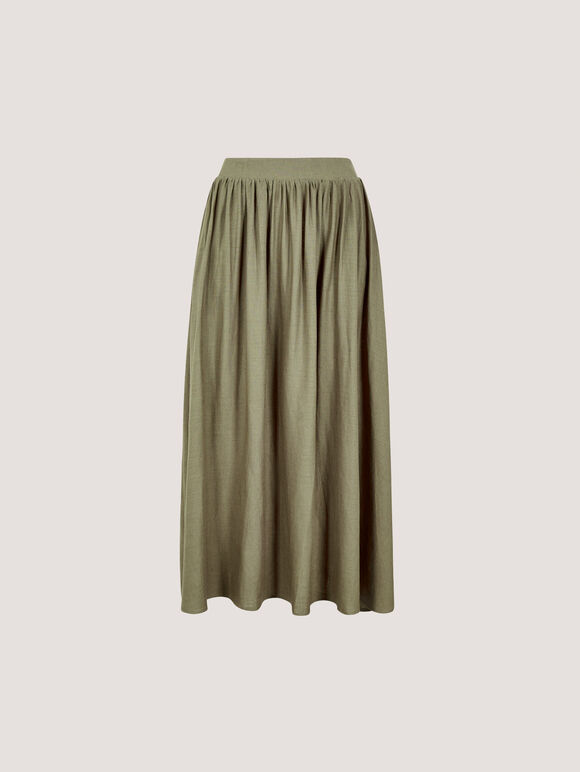 Linen Blend Pleated Midaxi Skirt, Khaki, large