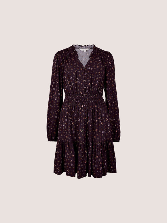 Floral Ruffle Mini Dress, Burgundy, large