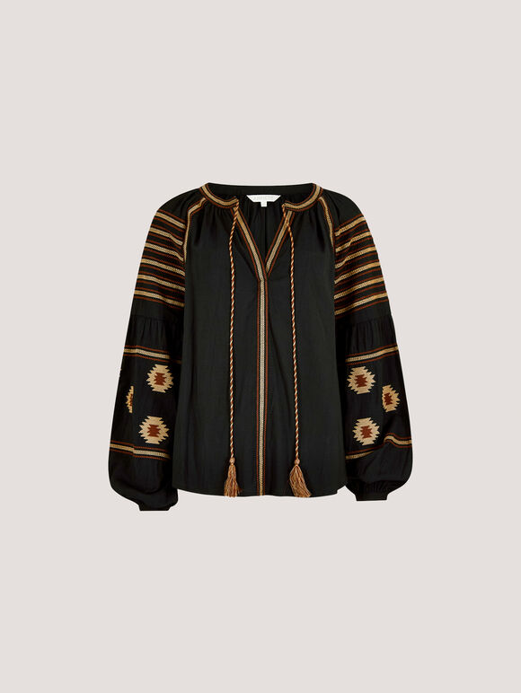 Aztec Embroidered Blouse, Black, large