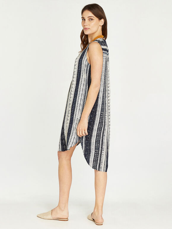 Batik Stripes Curved Hem Dress, Navy, large