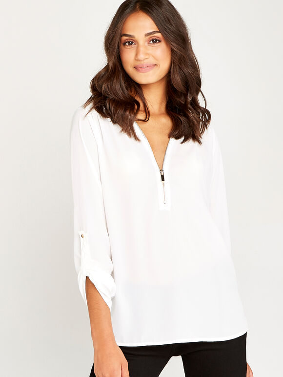 Zip Front Silky Crepe Top, Cream, large