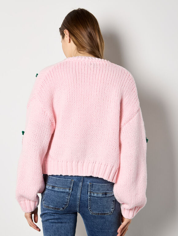 Chunky Knit Strawberry Cardigan, Pink, large
