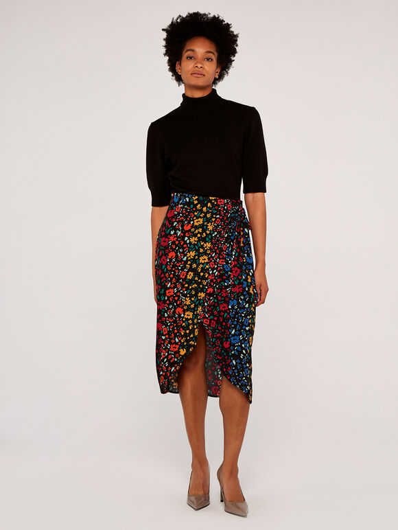 Floral Wrap Skirt, Black, large