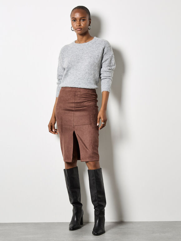 Split Front Suede Pencil Skirt, Brown, large