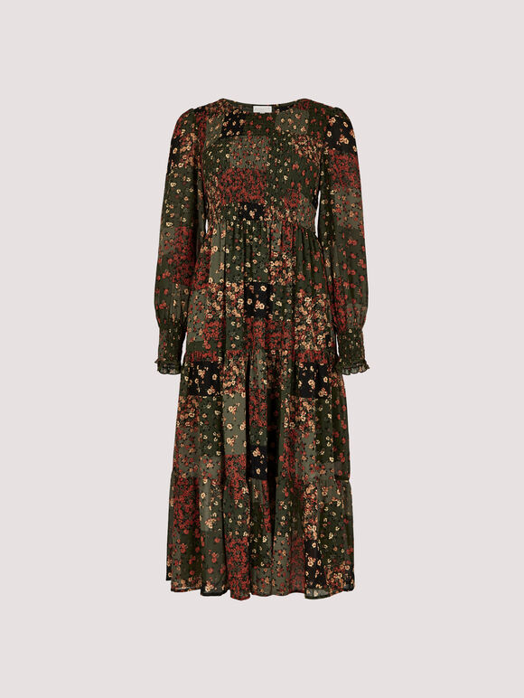 Patchwork Chiffon Midi Dress, Green, large