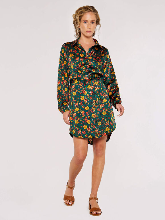 Floral Shirt Mini Dress, Green, large