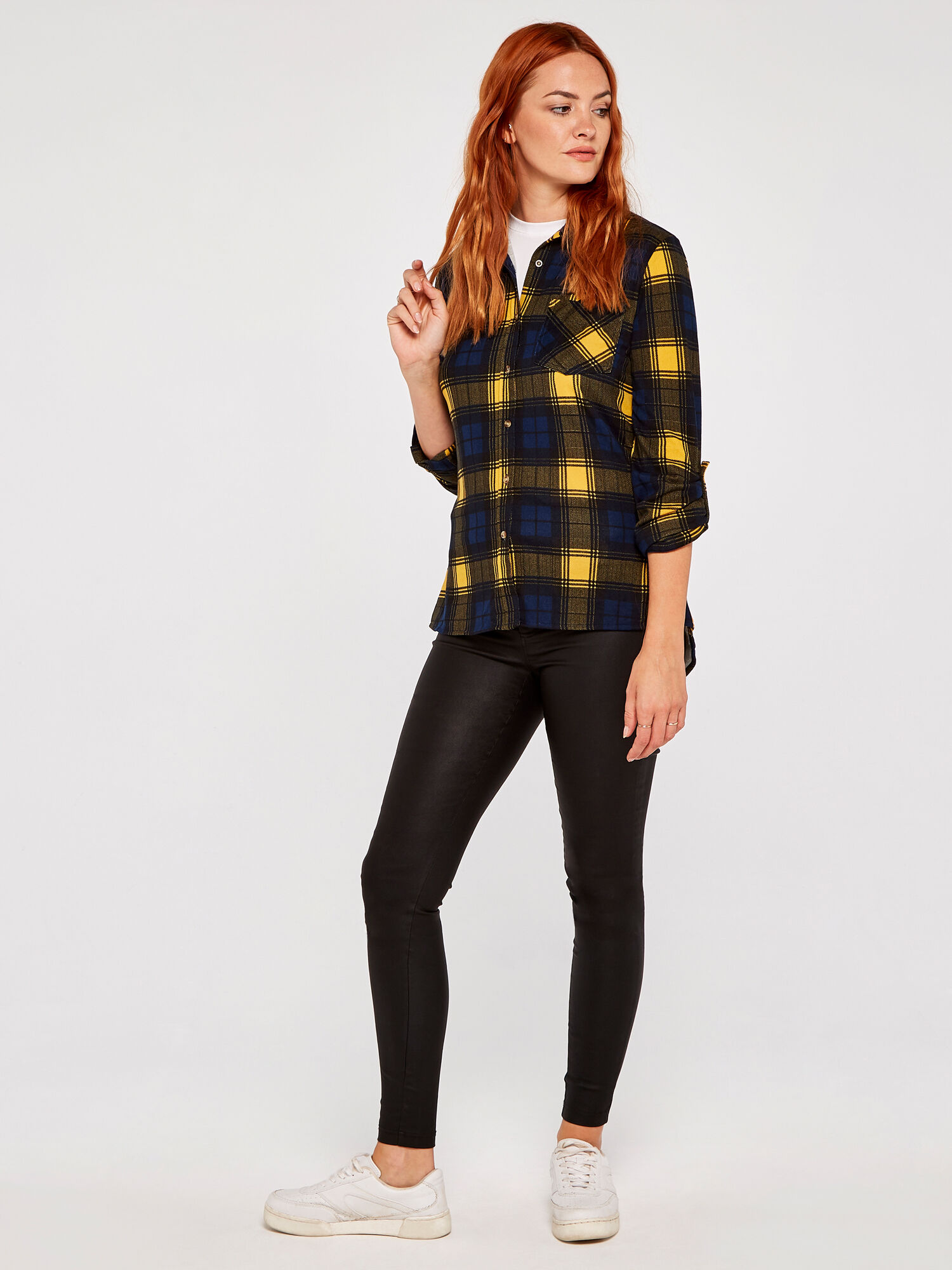 Plaid Fleece Lined 1 Pocket Shirt Apricot Clothing