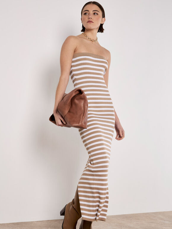 Stripe Ribbed Knitted Bandeau Dress, White, large