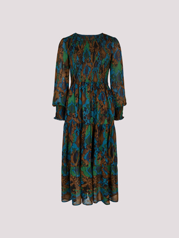 Ikat Chiffon Smocked Midi Dress, Teal, large