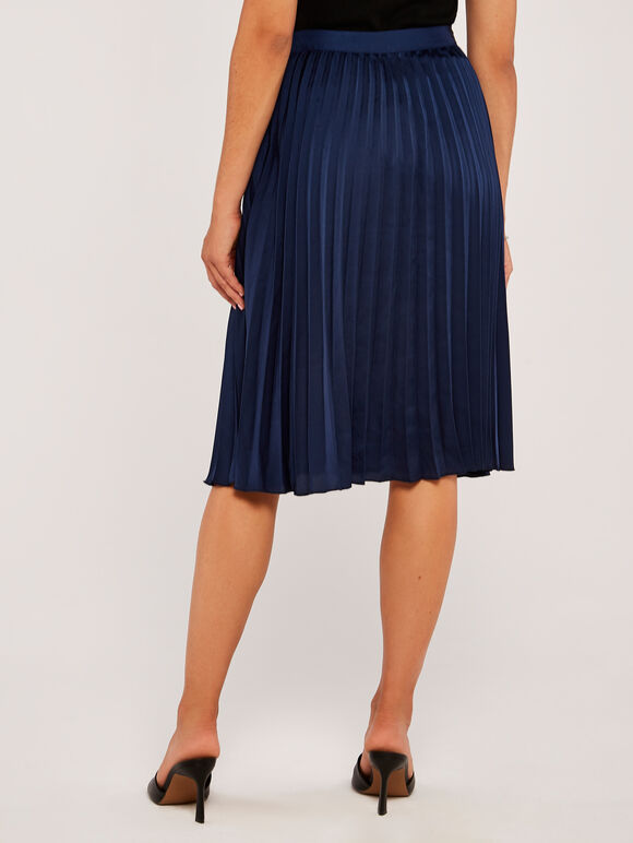 Pleated Satin Crepe Skirt, Navy, large