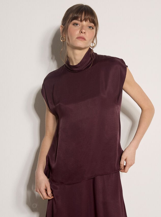 Soft Satin Mock Neck Top, Purple, large