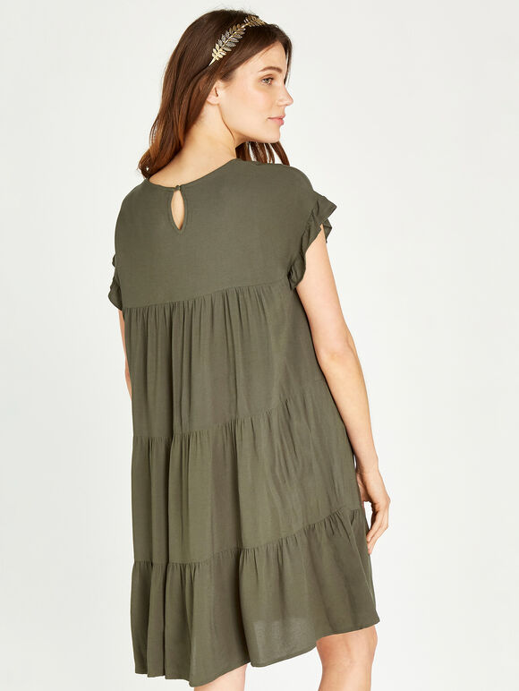 Ruffle Sleeve Detail Tiered Dress, Khaki, large