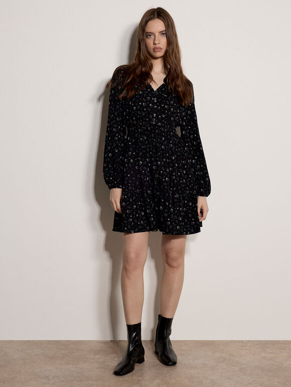 Floral Ruffle Mini Dress, Black, large
