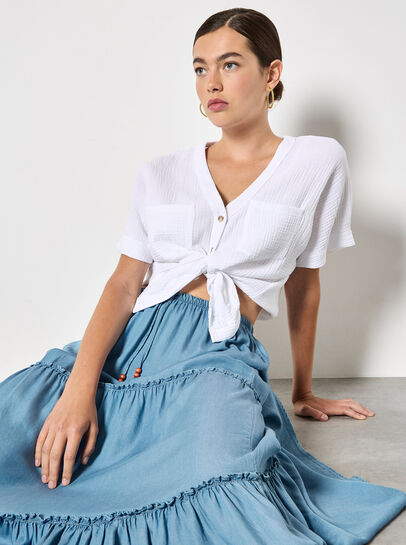 Denim Tiered Maxi Skirt