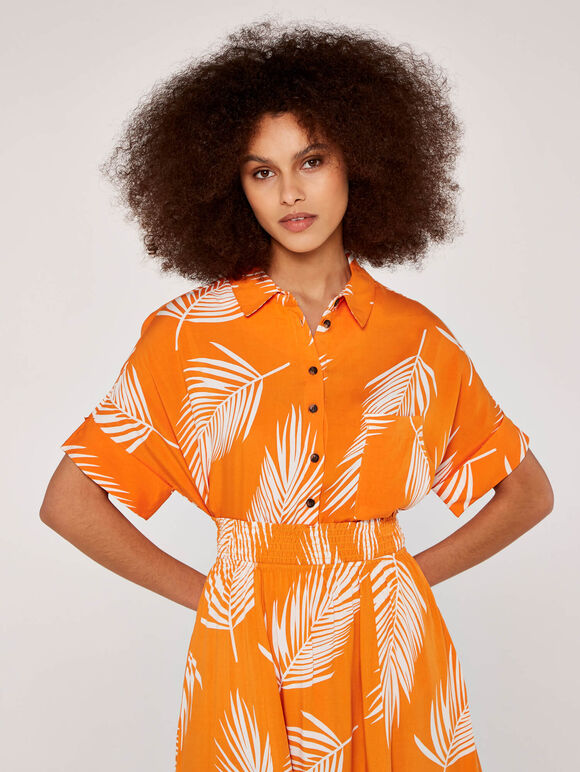 Palm Print Cropped Shirt, Orange, large