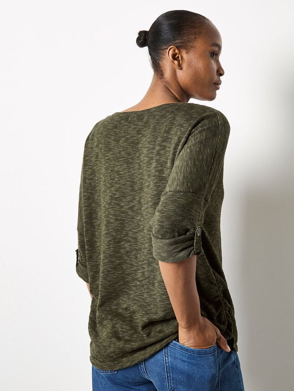 Cotton Blend Ruched Side Jumper, Khaki, large