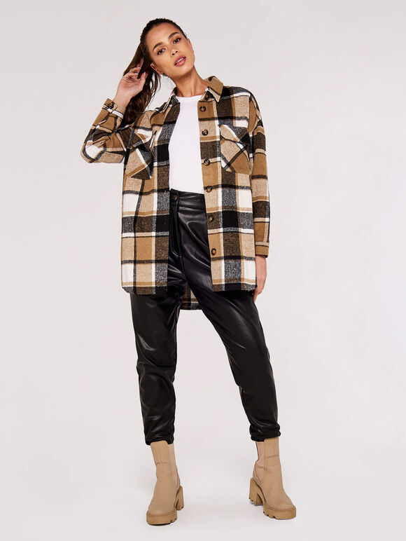 Checked Oversized Shacket, Stone, large