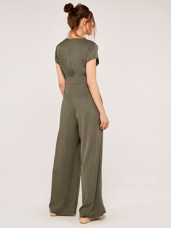 Button Down Wide Leg Jumpsuit, Khaki, large