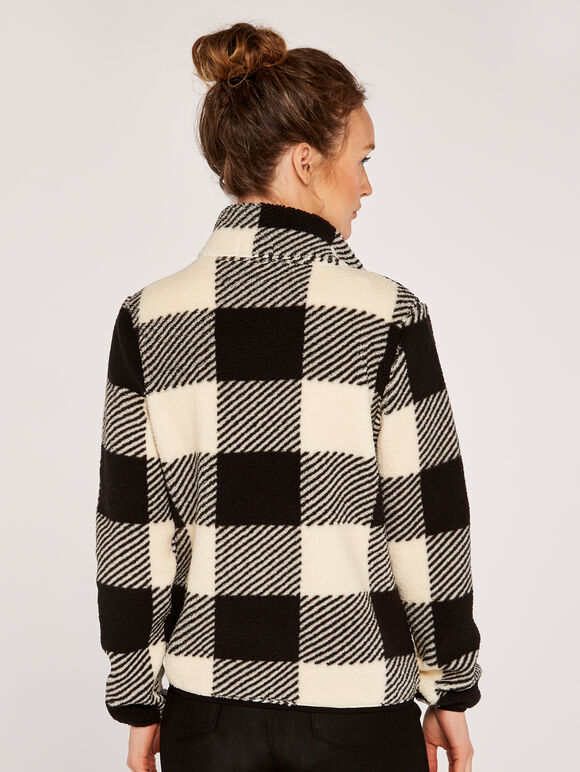 Gingham Check Fleeced Jacket, Black, large