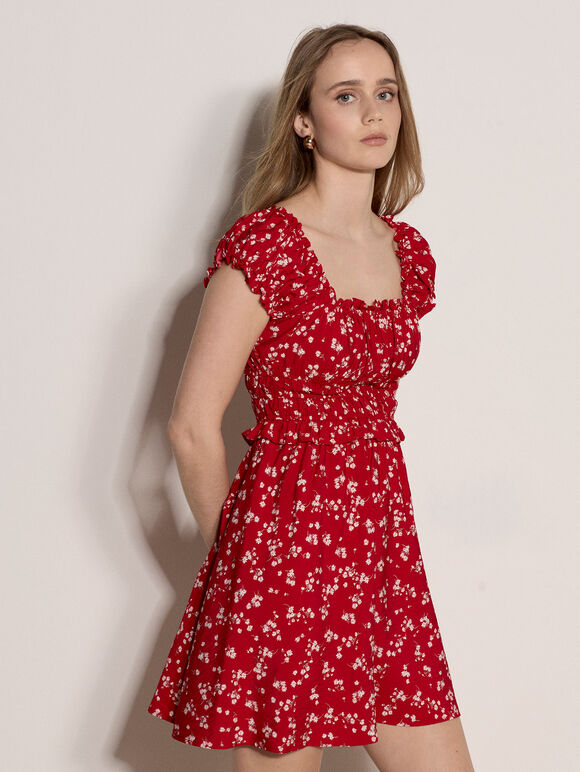 Floral Ruffle Mini Dress, Red, large