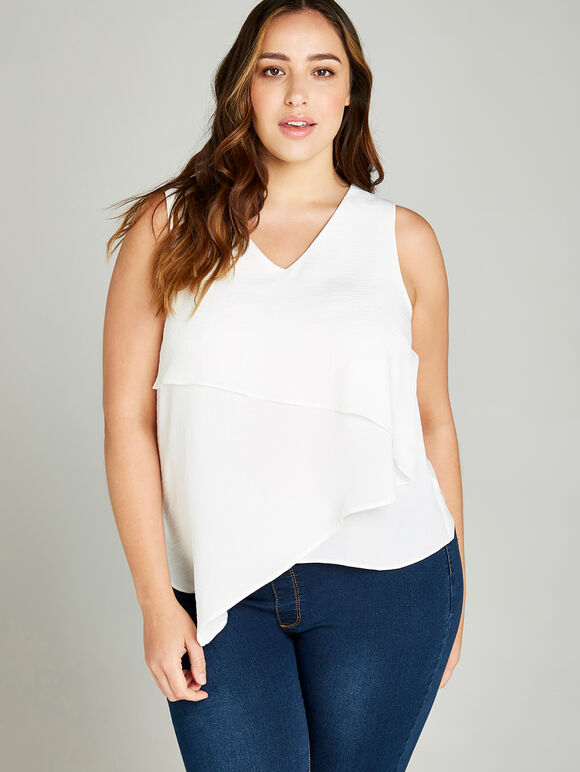 Frilled Sleeveless Top +, Cream, large
