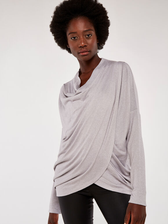 Soft Long Sleeve Wrap Over Top, Grey, large