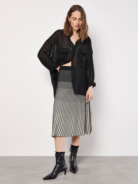 Gradiating Stripe Ribbed Knit Midi Skirt, Black, large