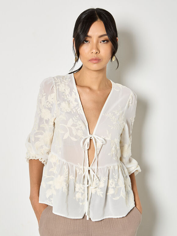 Embroidered Floral Chiffon Top, Cream, large