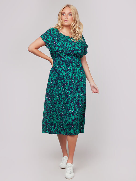 Leaf Print Tie Back Midi Dress+, Navy, large