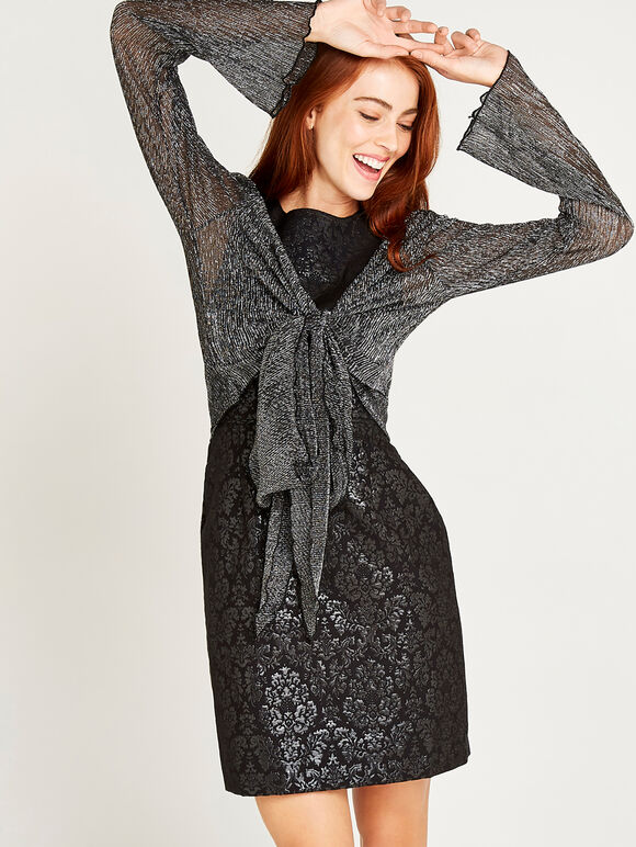 Plisse Long Sleeve Shrug, Black, large