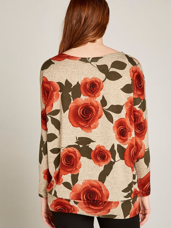 Coral Graphic Rose Print Oversize Top, Coral, large