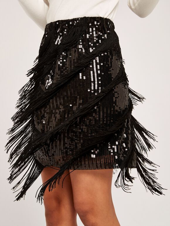 Sequin Tassle Skirt, Black, large