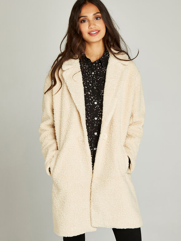 Cream Oversized Borg Fur Coat, Cream, large