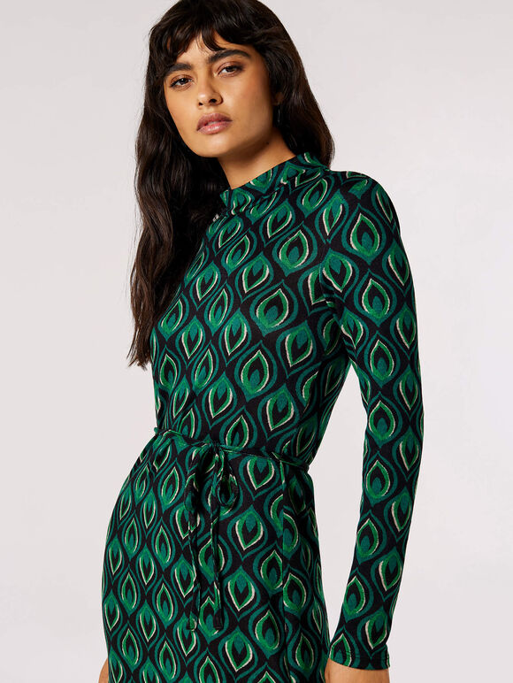 Geometric Leaves Knit Midi Dress, Green, large