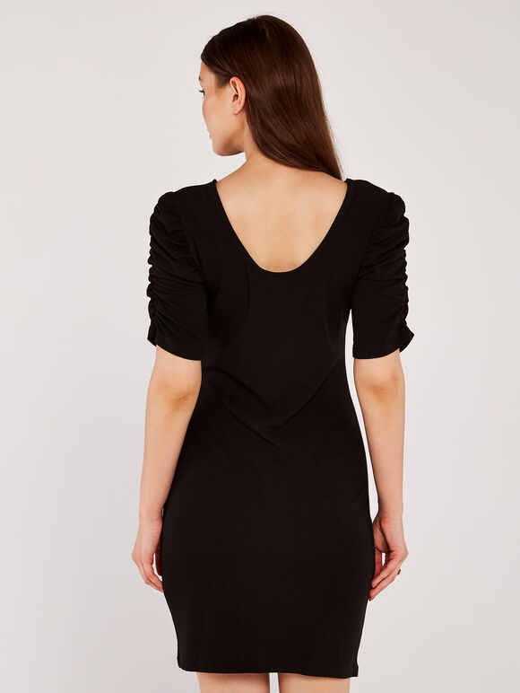 Ruched Sleeve Bodycon Dress, Black, large