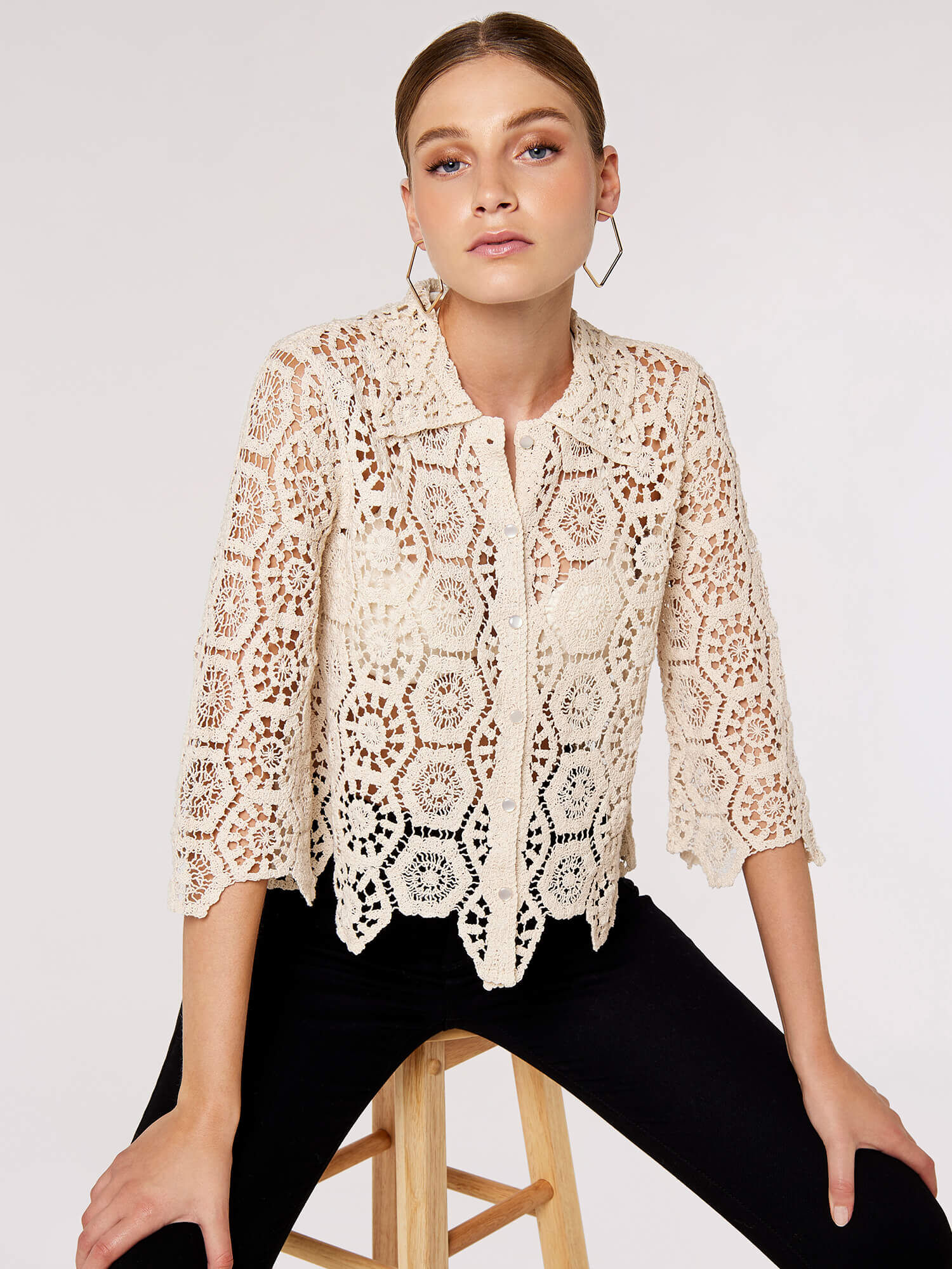 Crochet Geometric Shirt Apricot Clothing