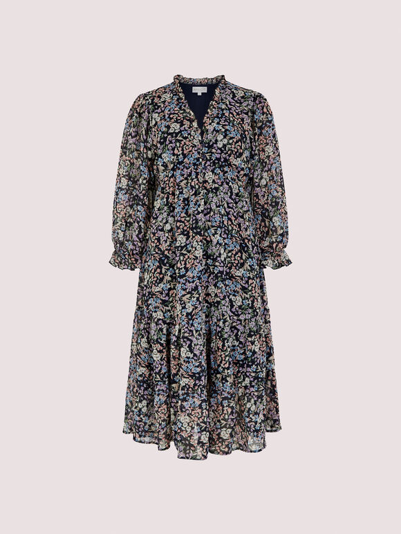 Ditsy Ruffle Chiffon Dress, Navy, large
